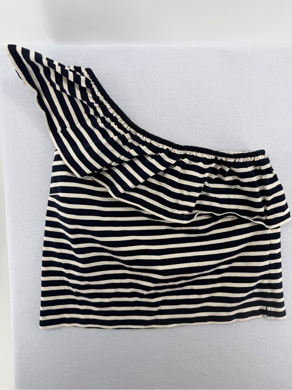 J. Crew 4th of July Women’s Striped One-Shoulder Ruffle Top in Navy and Cream